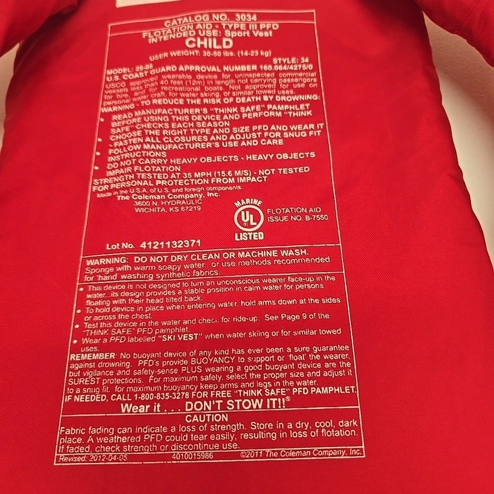 STEARNS Child Boating Ski Vest 30-50 lbs Red Model‎ 29-88 Catalog No. 3034